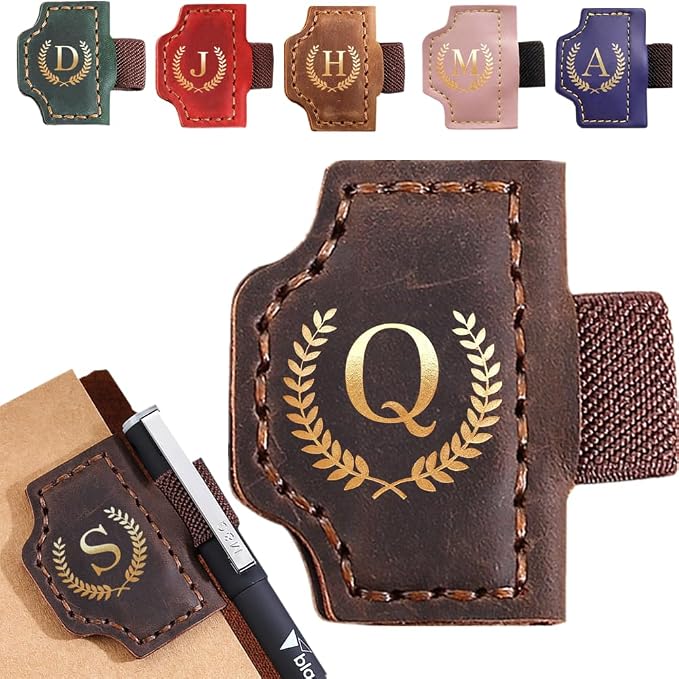 Personalized Mark Bookmark with Pen Holder, Leather Magnetic Book Marker 26 Letters,Custom Initials Page Marks, Gifts for Book Lovers Readers Men Women (Coffee, Q)