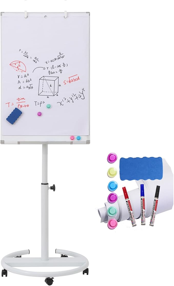 Mobile Whiteboard on Wheels 36 x 24 Inch-Rolling Magnetic Dry Erase Easel Board with Flipchart 25 Sheets Paper Pad - Height Adjustable Standing Easel for Meetings, Classes, Workshops