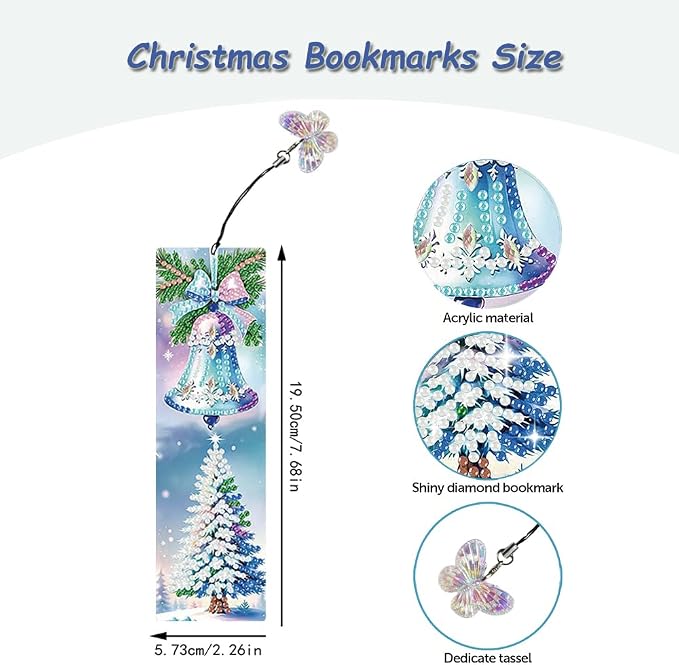 8 Pcs 5D Diamond Art Bookmarks for Reading Lovers, Handmade DIY Diamond Painting Book Marks with Tassels for DIY Making Beginners Adults Arts Craft Supplies (Snowman)
