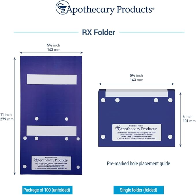 Apothecary Products RX Folder III Double-Fold, Prescription File Folders, Medical Pharmacy Patient Chart Organizer, Durable Healthcare Document Storage, Blue, 100 Count