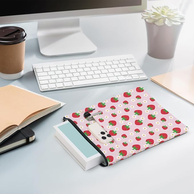 Strawberry Pattern Book Lovers Gifts Waterproof Book Sleeve Book Pouch Book Protector with Zipper and Front Pocket BookCover Case for Women Girl Grandma Mom Book Accessories Book Club Gifts