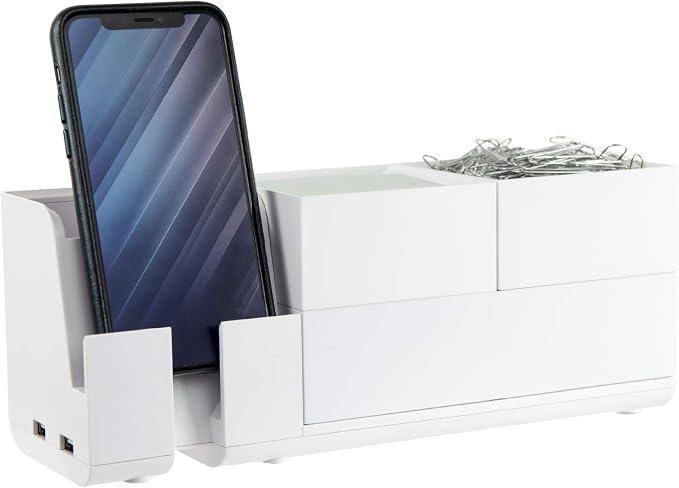 Bostitch Office Konnect Desk Organizer and Charging Station, 2 USB Ports & 2 Plugs, Charges Phones & Tablets, Accessory Tray, 4-Piece Design, White