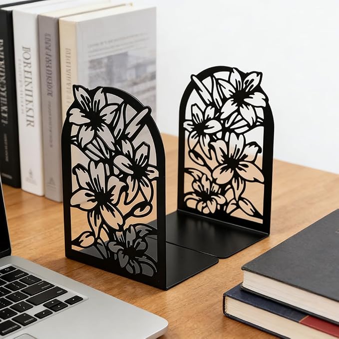 Book Ends, Bookends, Book Ends for Shelves, 2Pair Non Skid Metal Book Divider Decorative Holder, Abstract Art Desgin Book Stopper Supports for Office, Home (Floral)