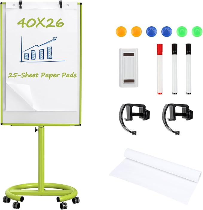 White Board on Wheels, 40x26 Inches Dry Erase Board with Stand, Magnetic Mobile Whiteboard, Portable Standing Dry Erase Board for Classroom, School, Office, Home, Teacher, with Flip Chart Paper