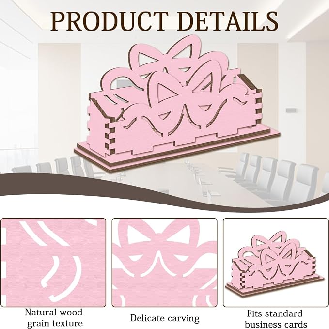 2Pcs Pink Bow Business Card Holder Desk 4.5 x 1.6 x 3.1 Inch Business Card Display Stand Cute Pink Bowknot Wooden Decorative Organizers for Office Desktop Home Room Tabletop Decorations