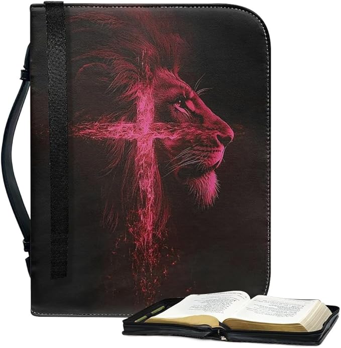 Bible Case with Handle and Zipper, Premium PU Leather Waterproof Bible Cover 11.2 x 8 x 2.2 Inches, Book Case for Standard Size Bibles with Pen Storage, Bible Accessories Gifts (Red Lion)