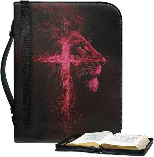 Bible Case with Handle and Zipper, Premium PU Leather Waterproof Bible Cover 11.2 x 8 x 2.2 Inches, Book Case for Standard Size Bibles with Pen Storage, Bible Accessories Gifts (Red Lion)