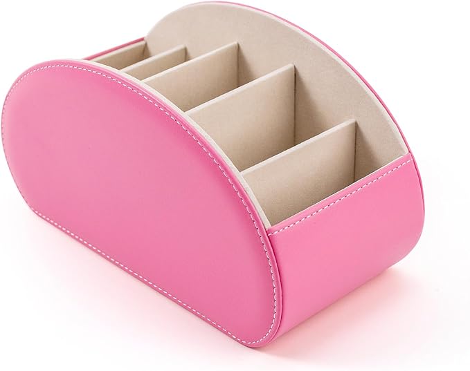 BONNY DODO Remote Control Holders Organizer Box with 5 Compartment PU Leather Multi-functional Office Desk Storage Caddy Store (Pink)