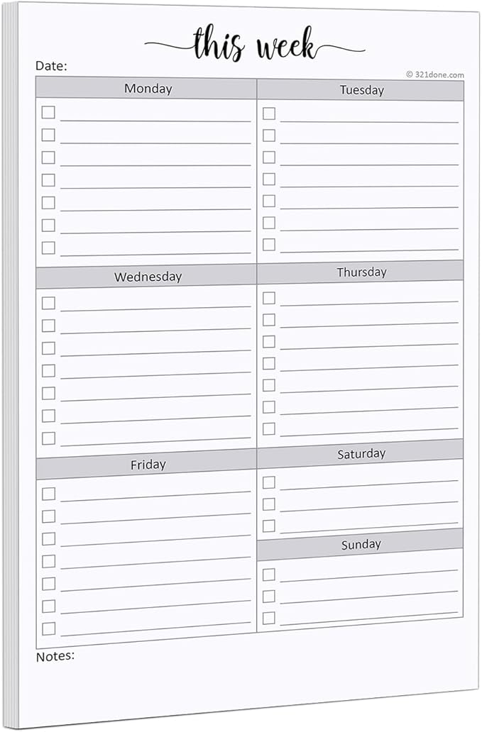 321Done Weekly Checklist Notepad - 50 Sheets (5.5" x 8.5") - This Week to Do Notepad Tear Off Planning Pad, Planner Checklist Organizing - Made in USA - Simple Script