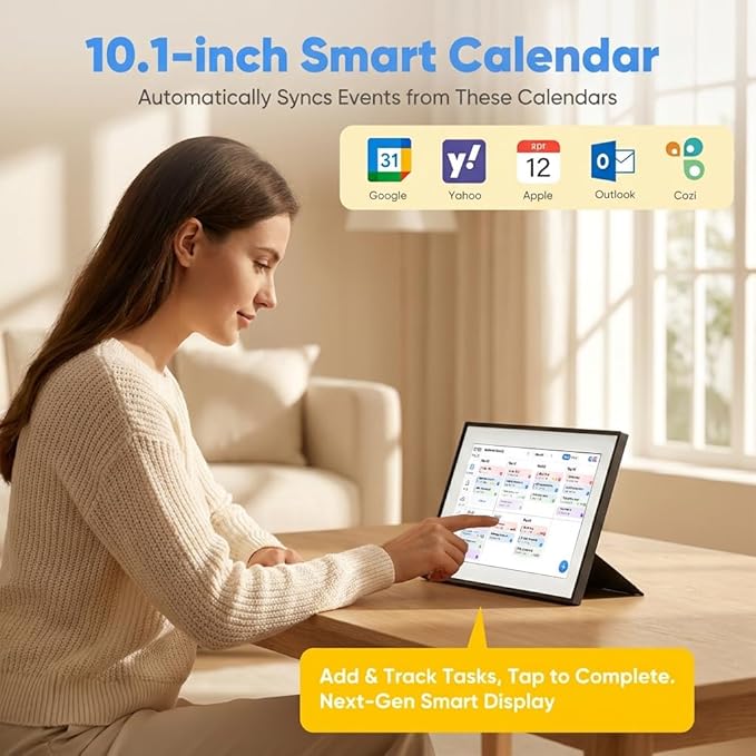 10.1" Smart Family Calendar, Touchscreen All-in-One Planner & Chore/Meal Chart, Wi-Fi Sync with Google/Outlook/iOS, Shared Reminders & App Control, Desk/Wall Organizer + Digital Photo Frame (Black)