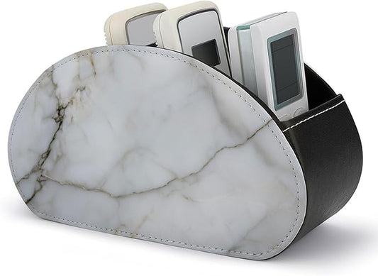 White Marble Texture with Gray Veining Remote Control Holder with 5 Compartments Leather TV Remote Caddy Remote Storage Box Desktop Organizer for Pen/TV Remotes/Media Controllers/Office Supplies