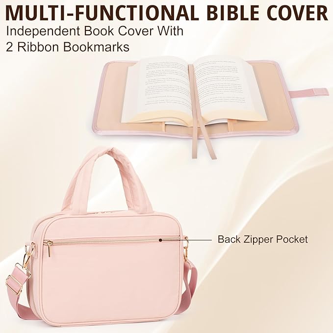 Large Bible Cover for Women,2 Compartments Bible Carrying Case With Handles Shoulder Strap, Soft Puffy Quilted Bible Bags With Book Cover Organizer, Bible Tote For Church Study Supplies Accessories