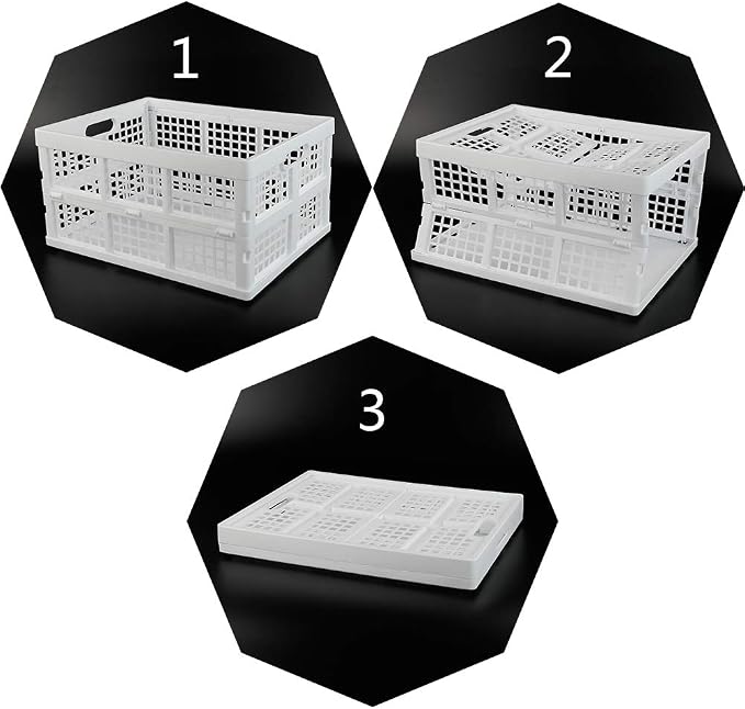Asking 3-Pack 30 L Plastic Stacking Collapsible Crate, Folding Storage Crate, White