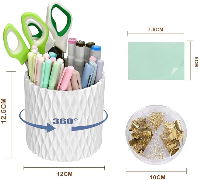 Gawsey 3Pcs 360° Rotating Desk Organizers and Accessories with Pen Holder Sticky Note and Clips Set, Desktop Storage Stationery Supplies Organizer, Cute Pencil Cup for Office, School, Dorm Room