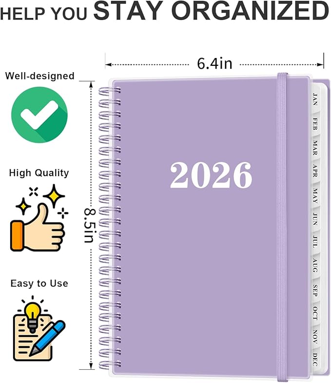 2026 Planner - Weekly and Monthly Planner from Jan 2026 - Dec 2026, Spiral Planning 2026 with 12-Month Tabs, Inner Pocket, 6.25" x 8.5", Purple