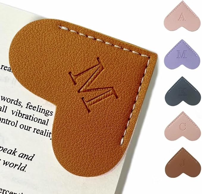 Personalized Leather Book Marks, Heart Bookmark, Unique Cute Handmade Letter Bookmarks Accessories for Reading Women, Teacher, Student, Book Lovers Book Mark Gifts (Brown, M)