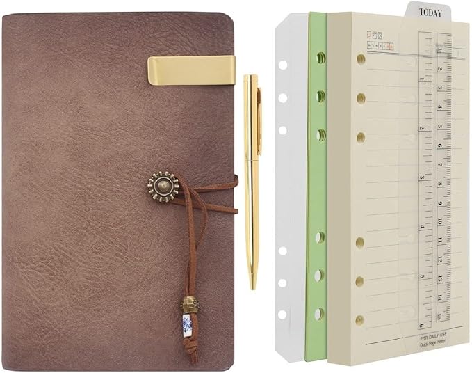 WONDERPOOL Leather Journal A6 Refillable 6 Ring Binder Notebook with Lined Paper and Pen,Writing Diary for Work Travel and Agenda Plan (a-Maroonpink)