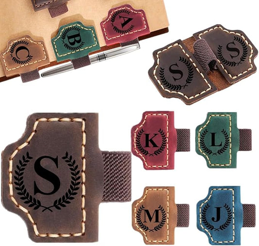 Custom Bookmark with Pen Holder with 26 Letters Personalized Magnetic Leather Book Mark, Customized Name Book Marker Clip with Initial for Men Women, Gifts for Book Lovers, Readers, (Coffee, S)