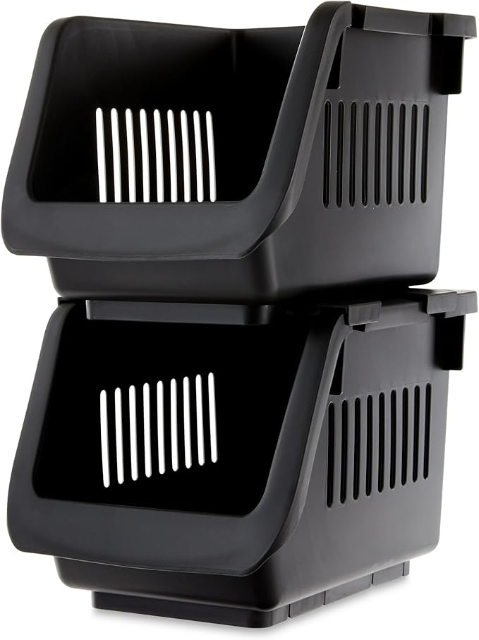 IT'S BRAZILIAN Stackable Storage Bins Set of 2, Plastic Organizer Boxes for Office, Desk, Closet, Black