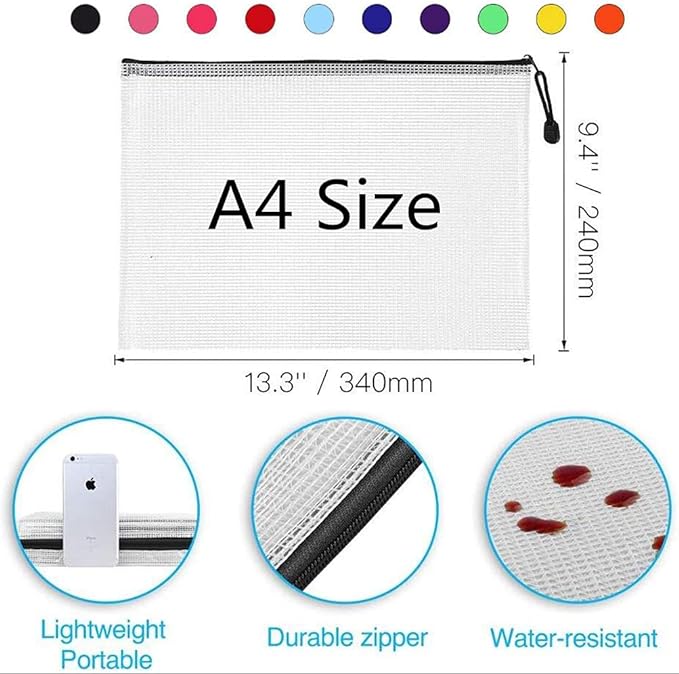 Mesh Zipper Pouch Bag, Plastic Zipper Bags,Zipper Bags for Organizing Storage,A4 Size Waterproof Document Pouch for Office Supplies, Arts & Crafts Organizing Storage (10 Colors 40 Pack)