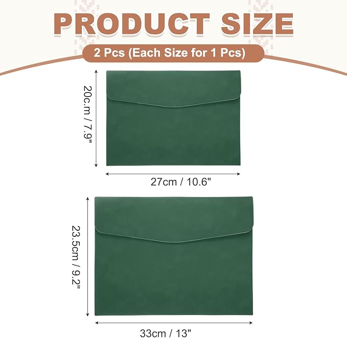 PATIKIL 2Pcs PU Leather File Folders, 13x9 A4 Document Holder Waterproof Envelope Folder with Snap Closure, Portable Portfolio Organizer Case for Paper Receipt, Green