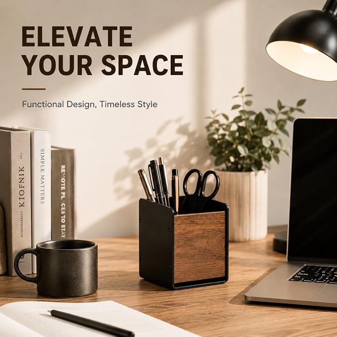 Walnut Desk Organizer, Minimalist Pencil Holder with Metal Frame, Multi-Purpose Storage for Pens, Makeup Brushes & Remote Controls, Modern Office Desk Accessory (1 Slot)