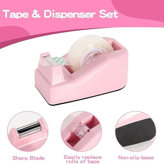 Office Supplies Set Pink 13 Pcs with Rotating Pen Holder Stapler Tape Dispenser Scissors Ruler Clips Kit for Desk Organization School Home Workplace Accessories and Employee Gifts (Pink)