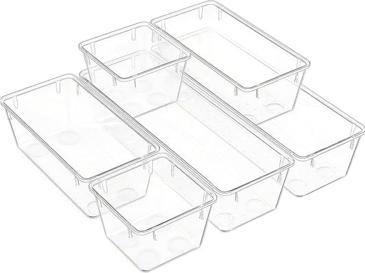 Clear Acrylic Drawer Organizer Trays, 5 Size Junk Box Organization Small Storage Container Bin for Desk Makeup Bathroom Vanity Kitchen Tool Make Up Workspace Home Dorm Apartment Office Room Nightstand