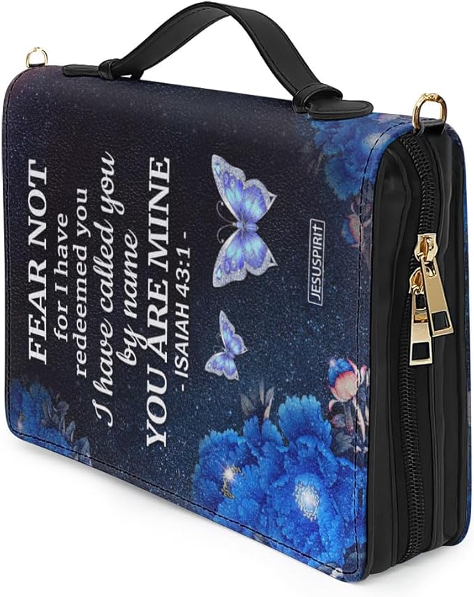 Jeuspirit Bible Covers - Leather Bible Organizer Case - Bible Book Carrier Bag With Zipper - Christian Gifts For Women - Bible Holder Bag, Bible Carrying Case Large Size (Fear Not)
