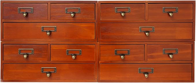 4 Pcs Vintage Wood Desktop Organizer, 4x3 Drawer Apothecary Cabinet with Metal Handles, Stackable Storage for Office Home School, Makeup Jewelry Tea Stationery Herbs