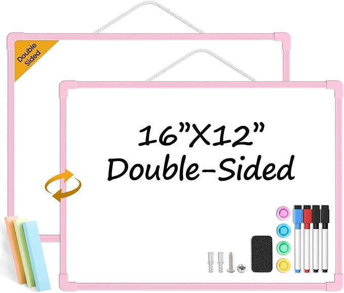 Pink Frame Small Dry Erase Board for Wall, 16" x 12" Double-Sided Hanging Whiteboard with 4 Markers, 4 Magnets and 3 Mini Sticky Notes, Portable Whiteboard for Home, Office, School