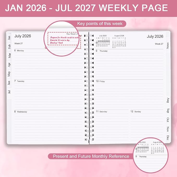 Cheericome Planner 2026-2027, Monthly Weekly Planner Runs January 2026 to June 2027, 26-27 Planners with PP Cover and Elastic Bond, 18 Month, Rose Monthly Planner Calendar