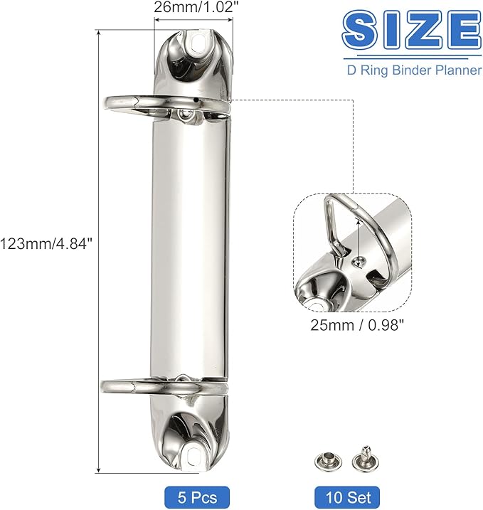 PATIKIL B7 2 Hole Ring Binder Mechanisms, 5 Set 0.98" D Ring Replacement Binder Planner Loose Leaf Binding Spines for Organizers DIY Fill Paper Storage Folder Accessories, 26mm Silver Tone
