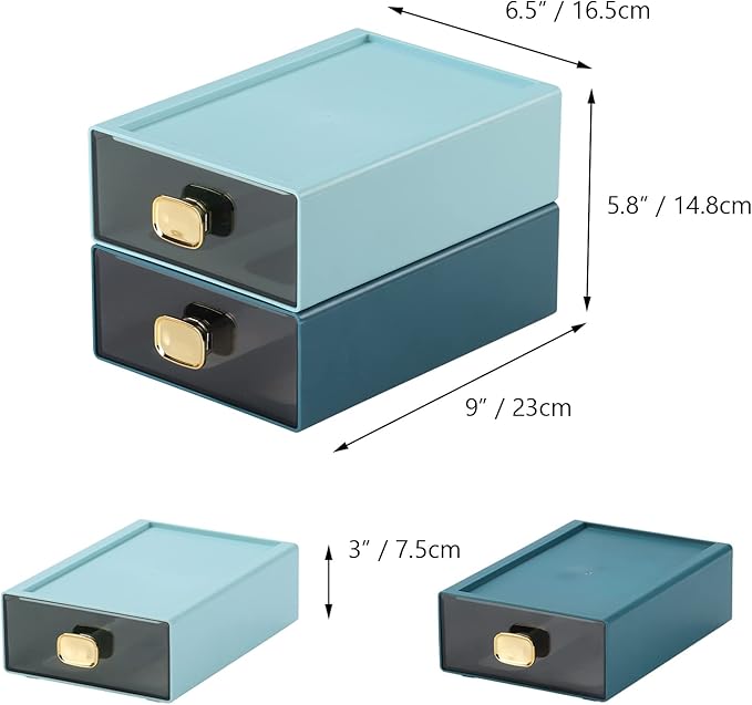Spacious Desk Drawers, Stackable Desktop Organizer, Plastic Storage Box for Office, School & Home Supplies (2 Middle Drawers, CYAN)