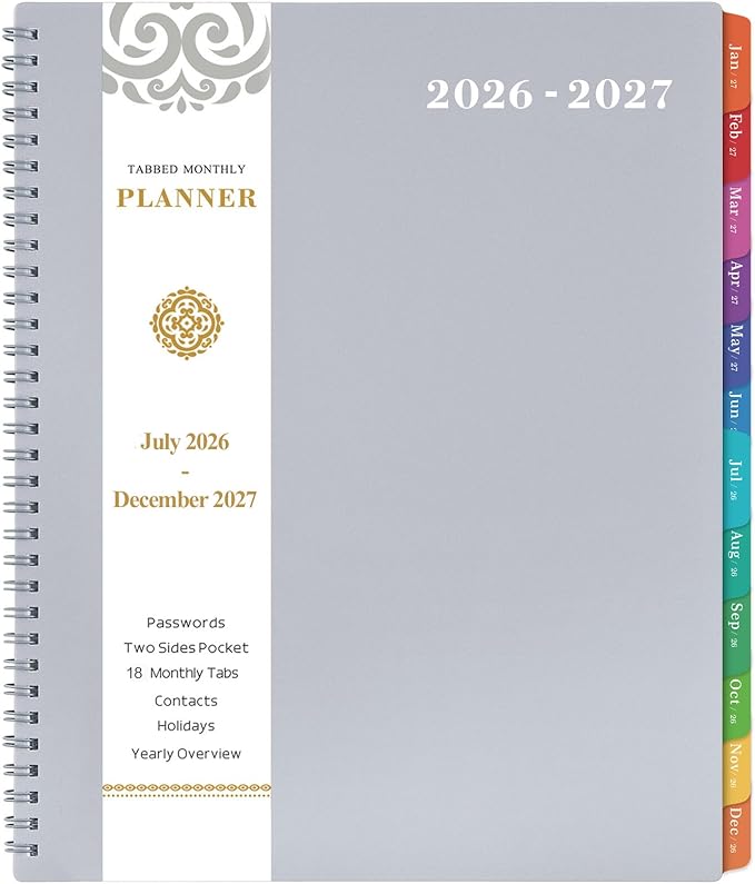 2026-2027 Monthly Planner - 2026-2027 Planner/Calendar - JUL 2026 - DEC 2027, 18-Month Planner with Tabs & Pocket & Label, Contacts and Passwords, 9" x 11", Thick Paper, Twin-Wire Binding - Grey by Artfan