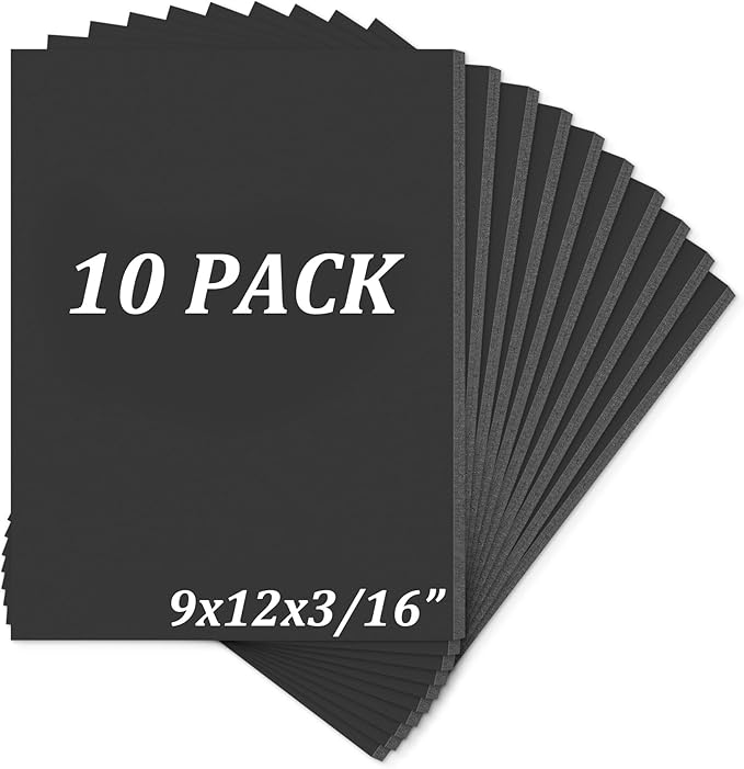 Mat Board Center, Pack of 10 Acid-Free Foam Boards, 9x12 inch Black Foam Boards, 3/16" Thick