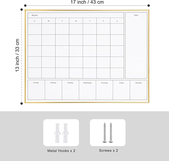 3-in-1 Dry Erase Calendar for Wall with Golden Aluminum Frame, 17x 13 inches Magnetic Monthly & Weekly Calendar Whiteboard, Dry Erase Board for Wall for Decor/Memo(YL+ZL-Gold,4333)