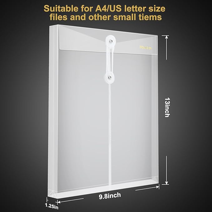 12 Pack Clear Plastic Envelopes with String Tie Closure,A4 Letter Size,TFDLCG zm Poly Reusable File Folders Project with1-1/4 Expansion,Paper Documents Organizer for Home, Office and Classroom