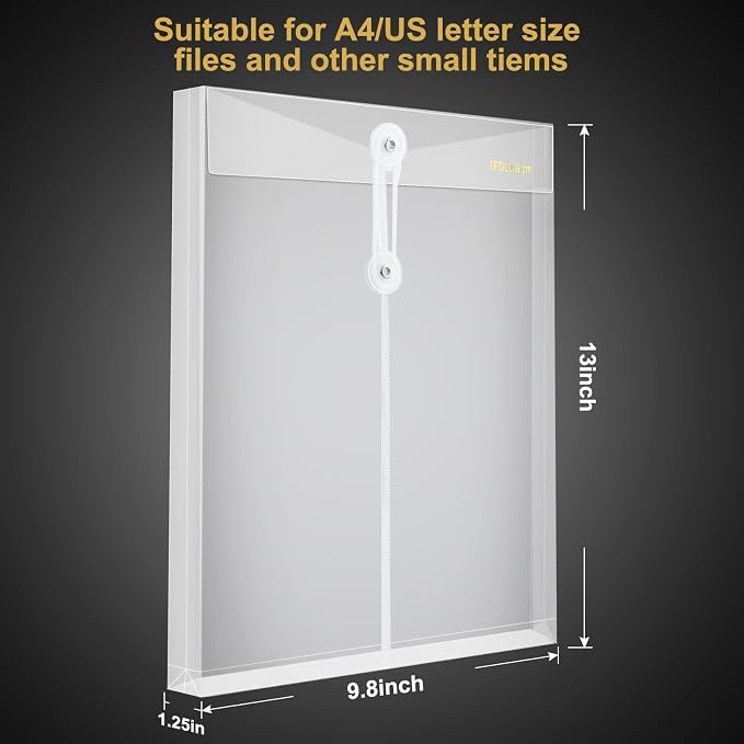 24 Pack Clear Plastic Envelopes with String Closure,A4/US Letter Size,Poly Reusable File Folders Project with1-1/4"Expansion,Paper Documents Organizer for Home, Office and School.