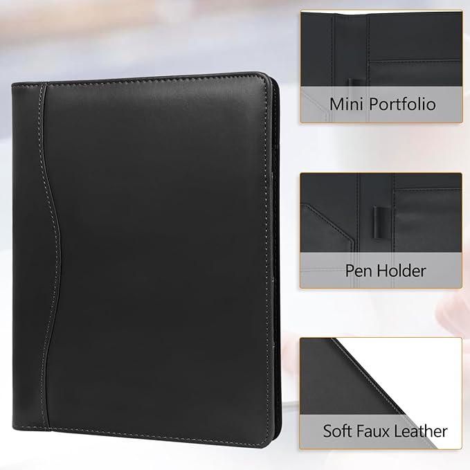 Leather Portfolio Binder 5 x 8, Mini Soft Leather Padfolio A5 Business Binder Legal Writing Pad Junior Size Document Organizer for Present Gift Kid Men Women Black