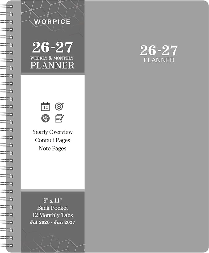 2026-2027 Planner - 2026-2027 Weekly and Monthly Planner, 9” × 11”, from JUL 2026 to JUN. 2027, Inner Pocket, Premium Paper, Twin-wire Binding, Make Life Productive - Gray