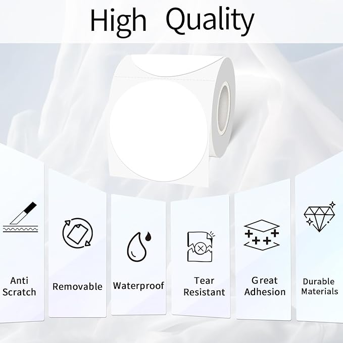 3 inch White Round Thermal Printer Labels, Waterproof Circle Direct Thermal Labels for DIY Logo Design, Multi-Purpose Self-Adhesive Sticker Label, Compatible with Rollo&MUNBYN