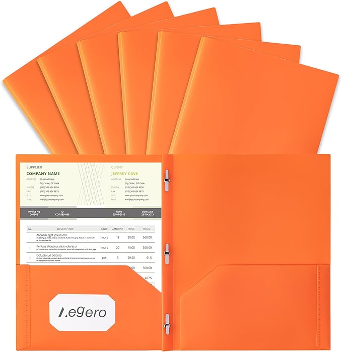 Aegero Folders with Pockets and Prong with Fasteners (6 Pack,Orange),Durable Plastic Pocket Folders with Prongs,Tear Resistant,2 Pocket 3 Prong Folders for Schoolwork & Office,Letter Size