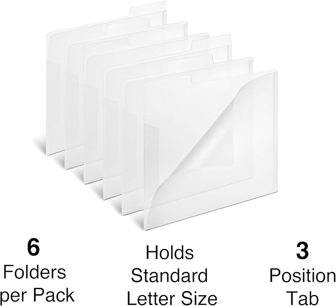Staples Translucent Poly File Folders, Letter Size, Clear Durable Plastic, 6/Pack