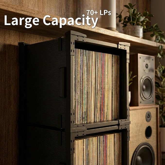 HumminGuru FlexiCube Vinyl Record Storage Box – Stackable Organizer for 12” Records, Holds 70 LPs | Modular Vinyl Shelf & Collapsible Storage Crate. Durable & Portable Space-Saving Design (3 Cubes)