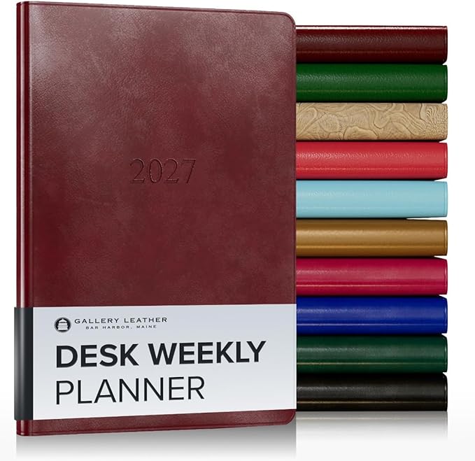 Gallery Leather Desk Weekly Monthly Planner 2027, Elegantly Bound Calendar Planner and Notebook with Stylish Gold-Gilded Page Edges, 12 Months - Acadia Deep Red - 8x5.5"