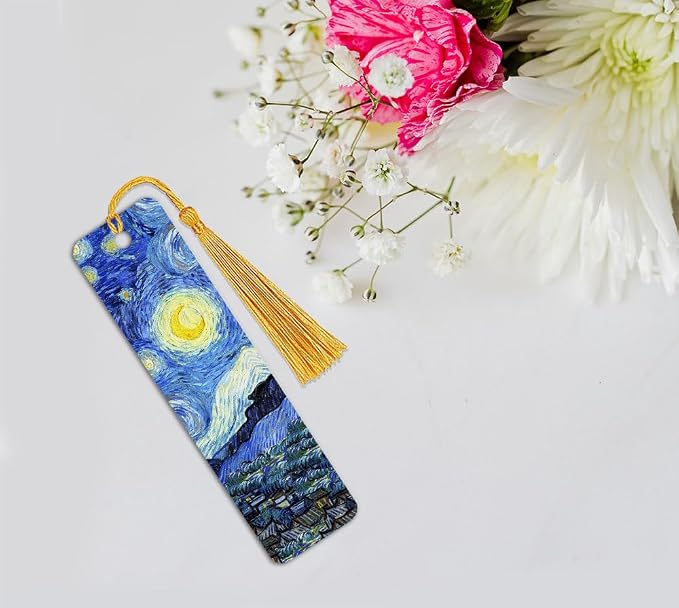 WIRESTER Set of 3 Metal Bookmarks with Light Gold Tassel for Students, Reader, Teachers, Book Lovers - The Starry Night Van Gogh, Cafe Terrace At Night Van Gogh, Irises Vincent Van Gogh