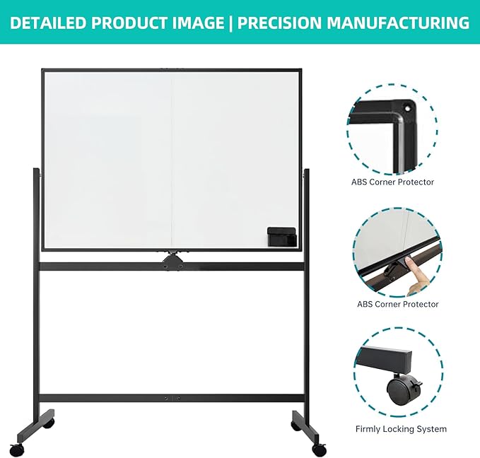 BIBOC Rolling Stand White Board 32×48 Inches, Double Sided Mobile Dry Erase Board with Aluminum Frame, 360° Rotating Dry Erase Whiteboard for Home Office Classroom (WHITEBOARD, 32×48 inches)