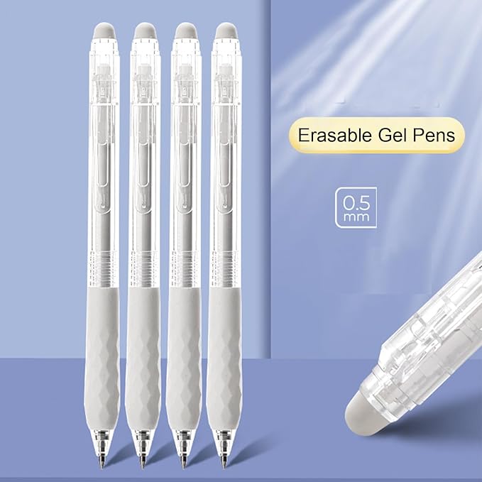 MOZXIRZ 4 Pcs Erasable Gel Ink Retractable Pens 0.5mm Blue Ink for Office School - Cute Aesthetic for Women Girls Boys Men (Blue Ink-4 Pcs White)