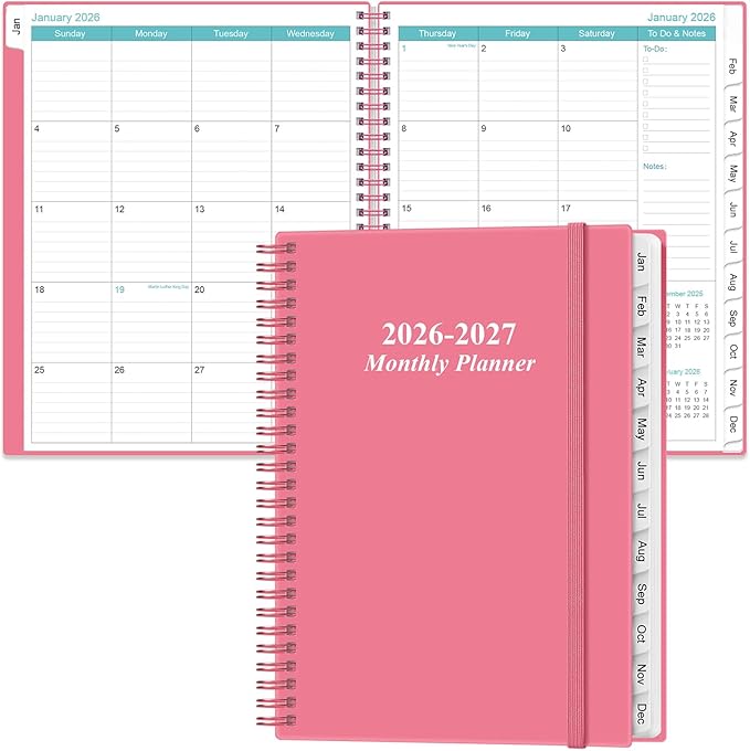 2026-2027 Monthly Planner - 18 Monthly Calendar, January 2026 - June 2027, Two Pages Per Month, 9" x11" Planner with Tabs, Strong Twin-Wire Binding, Inner Pocket, Pink